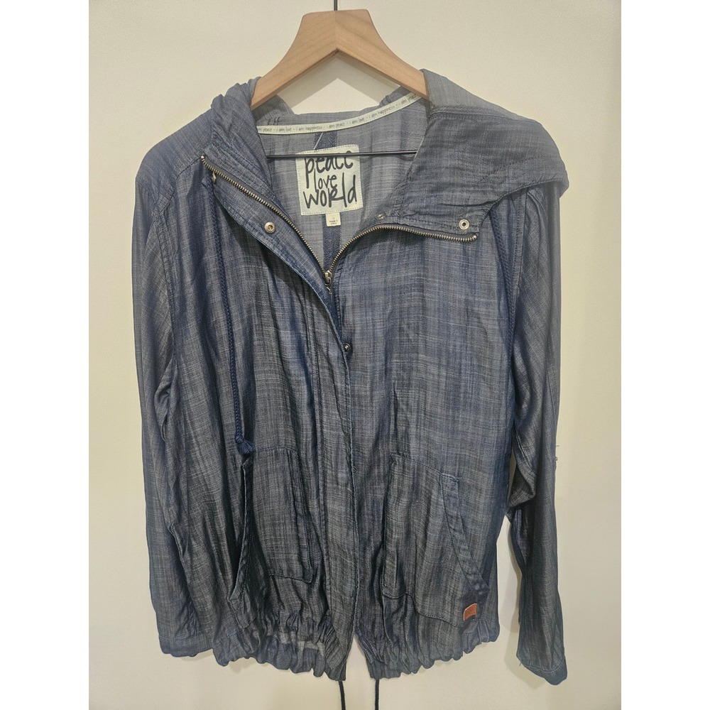 Peace Love World Blue Lyocell Hooded Jacket Full Zip Drawstring Waist Size 12